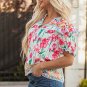 Pink Floral Print Striped Detail Split Neck Short Sleeve Blouse