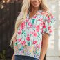Pink Floral Print Striped Detail Split Neck Short Sleeve Blouse