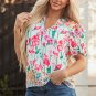 Pink Floral Print Striped Detail Split Neck Short Sleeve Blouse