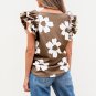 Brown Floral Textured Ruffled Short Sleeve Square Neck Blouse