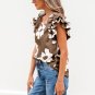 Brown Floral Textured Ruffled Short Sleeve Square Neck Blouse