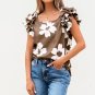 Brown Floral Textured Ruffled Short Sleeve Square Neck Blouse