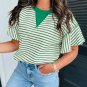 Bright Green Contrast Detail Striped Ruffle Short Sleeve Top