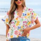 Yellow Floral Boxy Fit Ruffled Short Sleeve V Neck Blouse