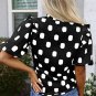Black Polka Dot Print Shirred Yoke Notched Neck Balloon Sleeve Blouse