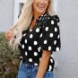 Black Polka Dot Print Shirred Yoke Notched Neck Balloon Sleeve Blouse
