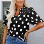 Black Polka Dot Print Shirred Yoke Notched Neck Balloon Sleeve Blouse