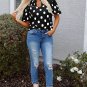 Black Polka Dot Print Shirred Yoke Notched Neck Balloon Sleeve Blouse