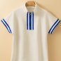 Beige Preppy Striped Trim Textured Quarter Zipper Short Sleeve Top