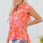 Orange Floral Print Collared Button Neckline Flutter Sleeve Blouse