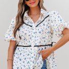 White Contrast Trim Floral Puff Short Sleeve Shirt