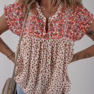 Red Printed Embroidery Detail Tie Split Neck Blouse
