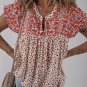 Red Printed Embroidery Detail Tie Split Neck Blouse