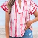 Pink Ric-rac Trim Ruffled Sleeve V Neck Bow Striped Printed Blouse