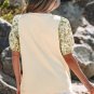 Beige Contrast Floral Bubble Sleeve Patchwork Ribbed Top