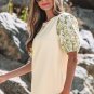 Beige Contrast Floral Bubble Sleeve Patchwork Ribbed Top