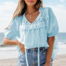 Mist Blue Embroidered Lace Patchwork Tie Neck Puff Short Sleeve Blouse