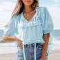 Mist Blue Embroidered Lace Patchwork Tie Neck Puff Short Sleeve Blouse