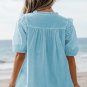 Mist Blue Embroidered Lace Patchwork Tie Neck Puff Short Sleeve Blouse