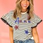 Black Stripe Sequin America Star Graphic Ric Rac Flutter Sleeve Blouse