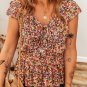 Red Floral Print Knot V Neck Ruffled Sleeve Blouse