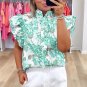 Green Floral Print Ruffle Sleeve Frilly Button Up Shirt
