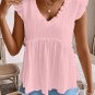Light Pink Textured Ruffled Trim V Neck Flutter Flowy Top