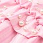 Light Pink Pearl Beaded Ruffle Short Sleeve Patchwork Ribbed Blouse