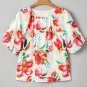 White Floral Print Puffy Half Sleeve Blouse