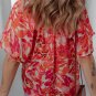 Rose Abstract Print Striped Trim Split Neck Blouse