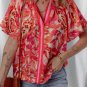 Rose Abstract Print Striped Trim Split Neck Blouse