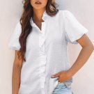 White Striped Ruffle Short Bubble Sleeve Shirt