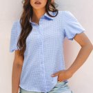 Light Blue Gingham Short Puff Sleeve Button Up Shirt