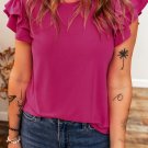 Rose Red Short Ruffle Sleeve Round Neck Blouse