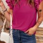 Rose Red Short Ruffle Sleeve Round Neck Blouse