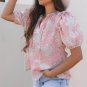 Pink Floral Print Drawstring V Neck Puff Sleeve Loose Blouse
