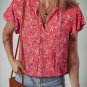 Red Floral Tie Split Neck Short Flounce Sleeve Crinkled Blouse