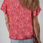 Red Floral Tie Split Neck Short Flounce Sleeve Crinkled Blouse