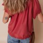 Red Dahlia Floral Embroidered Scallop Trim Short Sleeve V Neck Blouse