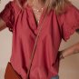 Red Dahlia Floral Embroidered Scallop Trim Short Sleeve V Neck Blouse