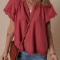 Red Dahlia Floral Embroidered Scallop Trim Short Sleeve V Neck Blouse