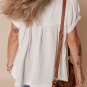 White Textured Short Sleeve Buttons Frayed Blouse