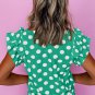 Green Polka Dot Print Ruffled Sleeve V Neck Blouse