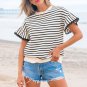 Black Stripe Scallop Lace Trim Ruffle Short Sleeves Crewneck Top