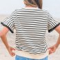 Black Stripe Scallop Lace Trim Ruffle Short Sleeves Crewneck Top