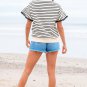 Black Stripe Scallop Lace Trim Ruffle Short Sleeves Crewneck Top