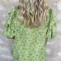 Light Green Floral Ruffle Puff Short Sleeve Frilled Collar V Neck Blouse