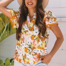 Russet Orange Ruffled V Neck Scalloped Short Sleeve Floral Blouse