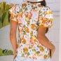 Russet Orange Ruffled V Neck Scalloped Short Sleeve Floral Blouse