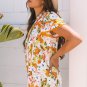 Russet Orange Ruffled V Neck Scalloped Short Sleeve Floral Blouse